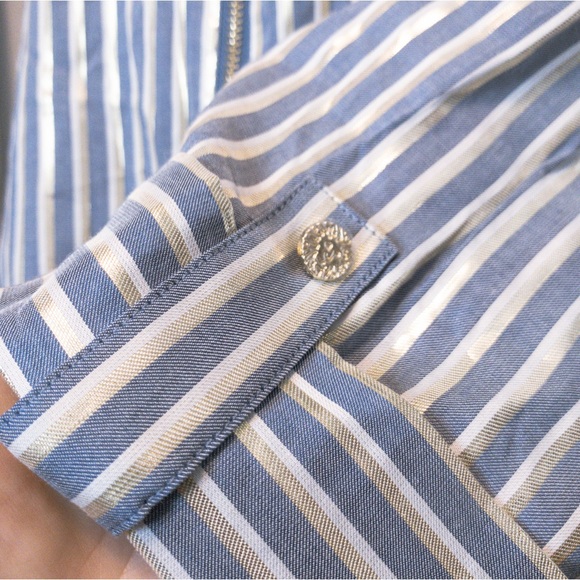 Free w/ Purchase Anne Klein Zip Up 3/4 Sleeve Blouse Blue Gray Gold Striped XL - Picture 9 of 16